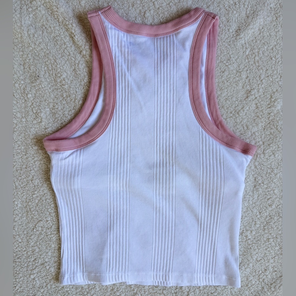 Victoria’s Secret PINK White Ribbed Tank Top with Pink Trim and Heart Embroidery - Picture 3 of 6